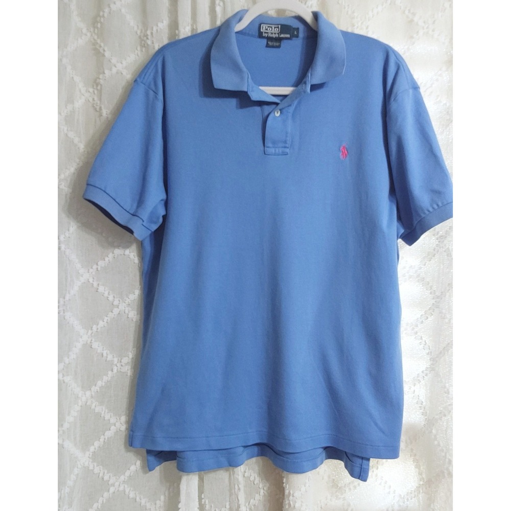 Lot of 2 Polo Ralph Lauren Mens Large Classic Fit Pique Shirts Blue Orange Pony